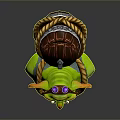 Green Game Character With Smiling Face Purple Goggles Wooden Bucket On Head And Rope