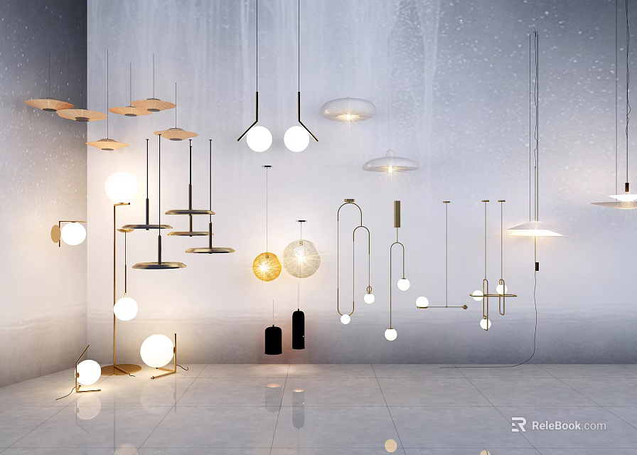 Modern Lighting Combinations Featuring Pendant Lamps And Mixed Shapes In Interior 3d model 