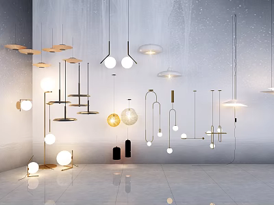 Modern Lighting Combinations Featuring Pendant Lamps And Mixed Shapes In Interior 3d model