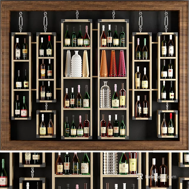 Organized Wine Rack With Various Bottles On Wooden Shelves 3d model 