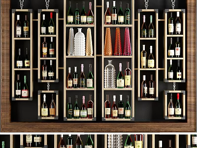 Organized Wine Rack With Various Bottles On Wooden Shelves 3d model