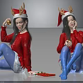 Cute Children in Red Sweaters Blue Snowflake Tights With Christmas Hats Reindeer Antlers and Gifts