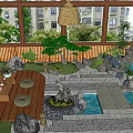 Traditional Courtyard Garden Design with Rock Formations Flowing Water Pine Tree and Wooden Deck