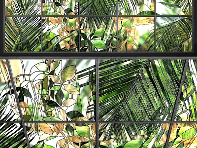 Stained Glass Partition Featuring Palm Leaves And Green Plant Patterns With Natural Light 3d model