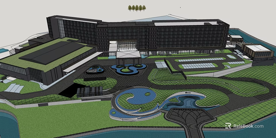 Modern Residential Building Featuring Landscaped Ponds Green Spaces And Scenic Walkways 3d model 