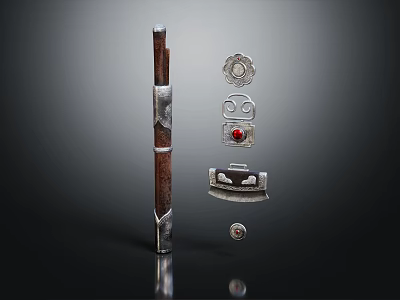 Traditional Weapon With Wooden And Metal Hilt Red Gemstone Accents And Decorative Ornaments 3d model