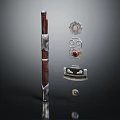 Traditional Weapon With Wooden And Metal Hilt Red Gemstone Accents And Decorative Ornaments