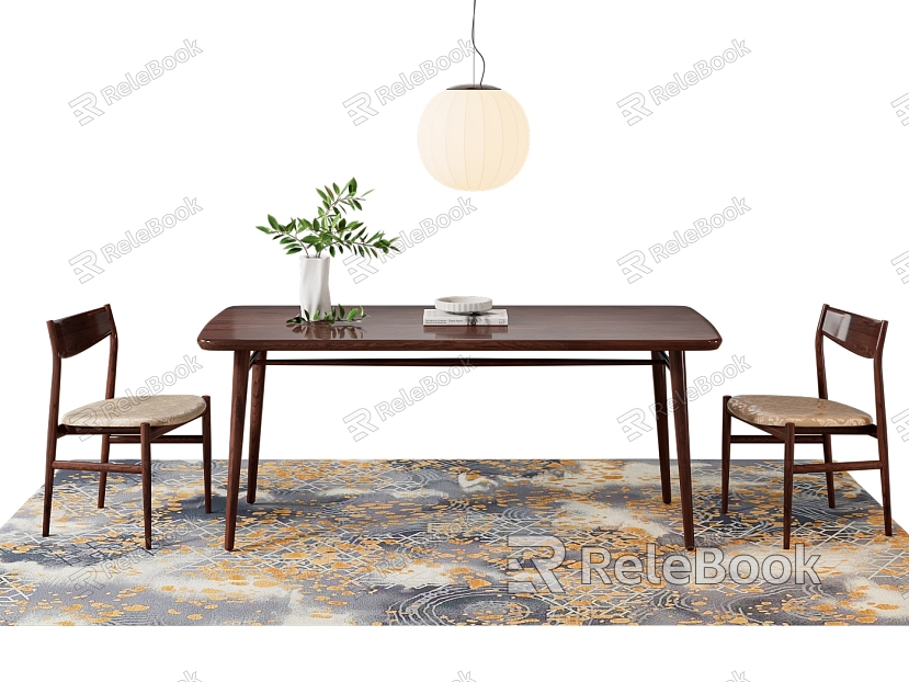 Middle Ancient Style Dining Table and Chair New Chinese Style Solid Wood Dining Table Dining Table Potted Chandelier Carpet model