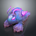 3D Render Fantasy Character And Mythical Creature With Purple Pink Horns Glowing Eyes Scaled Body