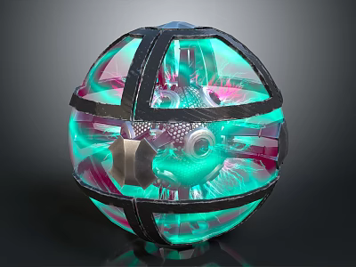 Modern Spherical Transparent Container With Black Frame Green Pink Glow And Internal Structure 3d model