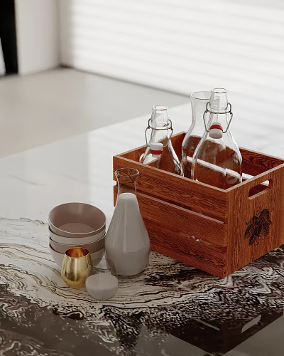 Wooden Crate With Glass Bottles Bowls And Gold Cup On Light Colored Tabletop 3d model
