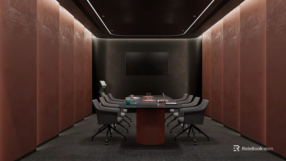 Modern Meeting Room Interior With Long Table TV Screen Brown Walls And Comfortable Chairs 3d model 