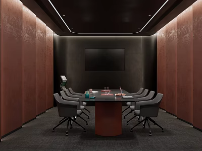 Modern Meeting Room Interior With Long Table TV Screen Brown Walls And Comfortable Chairs 3d model