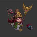 Pink Haired Character With Golden Headdress Holding Golden Staff And Purple Horned Blue Creatures