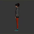 Woman With Black And Red Hair Wearing Gray Hoodie Red Leggings And Blue Sneakers