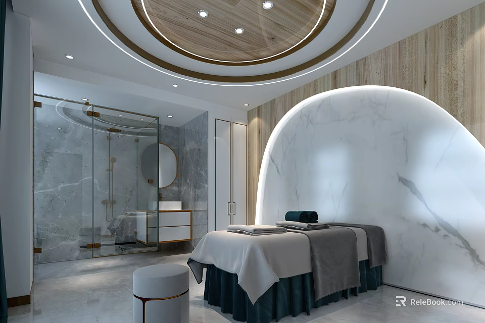 Elegant SPA Sauna Interior With Marble Wall Massage Bed Wooden Ceiling And Shower Area 3d model 