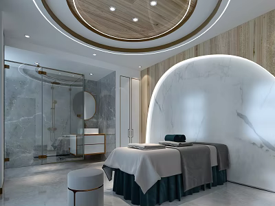 Elegant SPA Sauna Interior With Marble Wall Massage Bed Wooden Ceiling And Shower Area 3d model