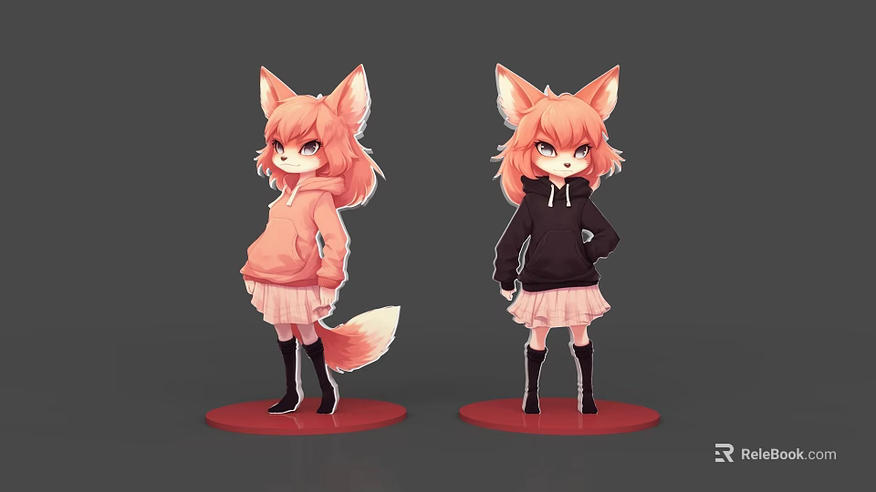Game And Movie Character Anime Style Fox Eared Girl With Pink Black Hoodie And Skirt 3d model 
