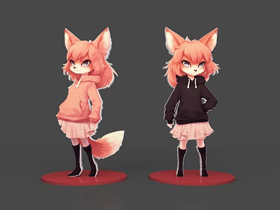 Game And Movie Character Anime Style Fox Eared Girl With Pink Black Hoodie And Skirt 3d model