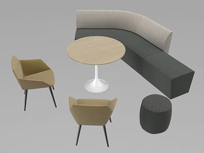 Wooden Round Dining Table Set With Curved Gray Beige Banquette Two Chairs And Stool 3d model