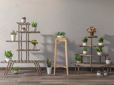 Indoor Garden Decor With Wooden Plant Stands And Potted Green Plants 3d model