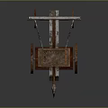 Ancient Wooden Siege Weapon With Rusted Wheels And Metal Spear Tip