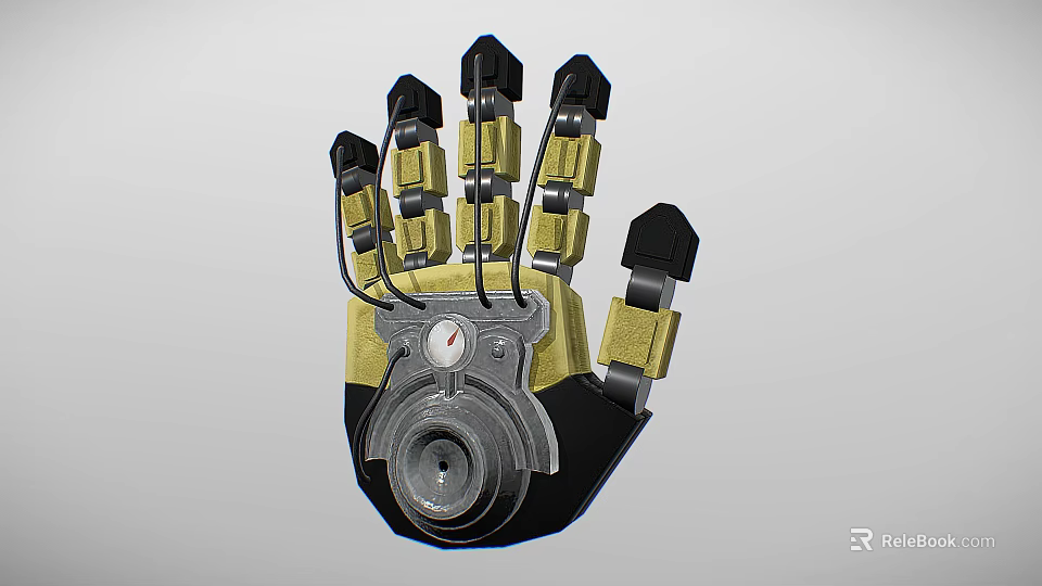 Woman Wearing Mechanical Hand With Metal Joints In Black Yellow Color And Mechanical Structure 3d model 