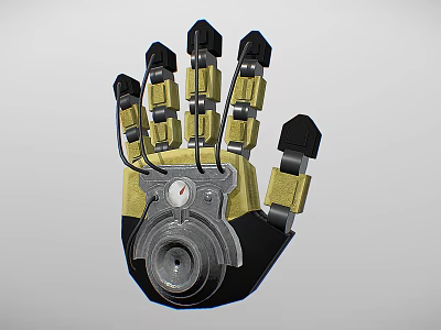 Woman Wearing Mechanical Hand With Metal Joints In Black Yellow Color And Mechanical Structure 3d model