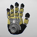 Woman Wearing Mechanical Hand With Metal Joints In Black Yellow Color And Mechanical Structure