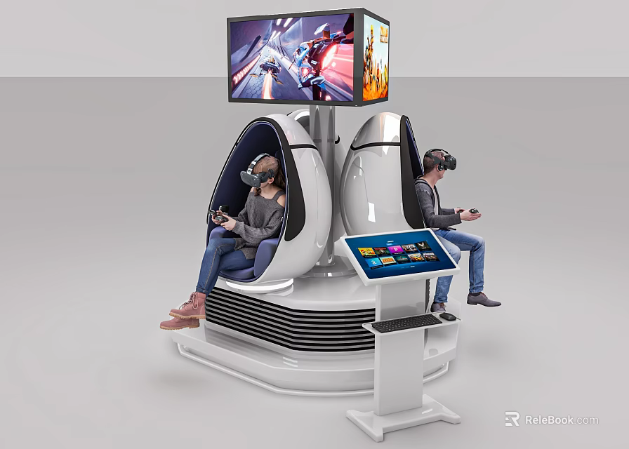 Two People Using Egg Shaped VR Seats For Virtual Reality Experience With Display Screen 3d model 
