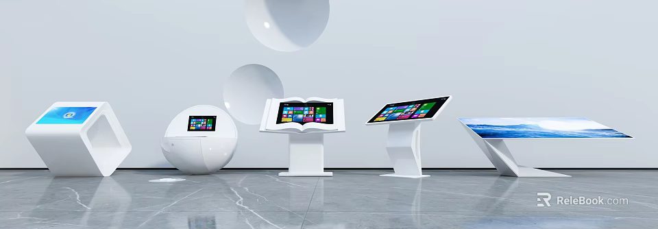 Public Facilities Featuring Modern Interactive Information Screens With Various Shapes And White Bases 3d model 