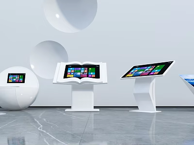 Public Facilities Featuring Modern Interactive Information Screens With Various Shapes And White Bases 3d model