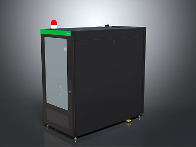 Black Industrial Enclosure With Green Top Edge Transparent Door Red Indicator Light And Wheels 3d model