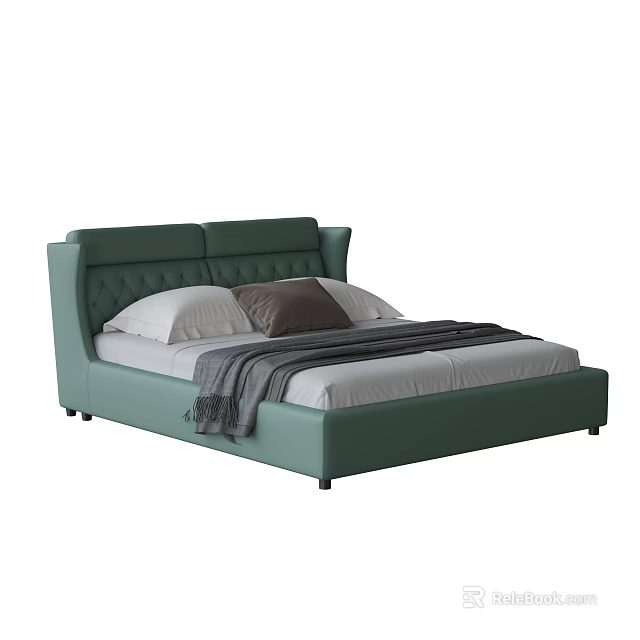 Elegant Green Upholstered Double Bed With Leather Headboard And Pillows Blanket 3d model