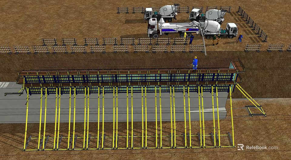 Road Infrastructure Construction Site With Vehicles Workers And Yellow Barriers 3d model