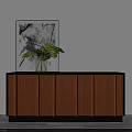 Modern Wooden Decorative Cabinet With Vertical Stripes Green Plant In Vase And Abstract Painting