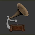 Vintage Gramophone With Brass Horn Vinyl Record And Carved Wooden Base