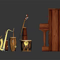Collection Of Musical Equipment Featuring Mahogany Upright Piano Violins Guitars Saxophone Drum And Trumpet