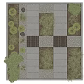 Geometric Garden Landscape Design With Concrete Slabs Wooden Sections And Lush Green Plants