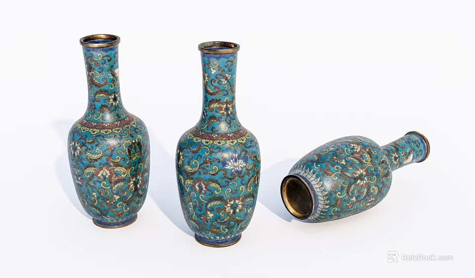 Three Blue Decorative Vases With Floral Patterns Gold Trim Two Standing One Tilted 3d model