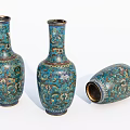 Three Blue Decorative Vases With Floral Patterns Gold Trim Two Standing One Tilted 3d model