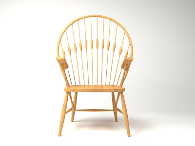 Classic Wooden Single Chair Featuring Curved Backrest Vertical Slat Details And Armrests 3d model