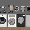 Modern Laundry Room With Washing Machines Towel Rack And Toiletries