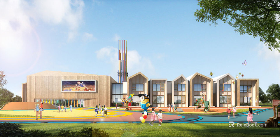 Modern School Building With Colorful Exterior Playground Area And Children Playing Under Blue Sky 3d model 
