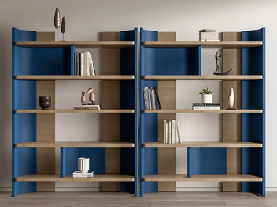 Modern Blue And Wooden Double Bookcase Interior With Books Decorative Items And Small Plant 3d model