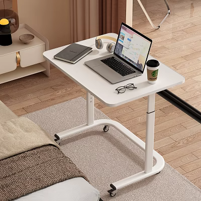 Modern White Mobile Desk With Laptop Notebook Headphones Coffee Cup And Glasses 3d model