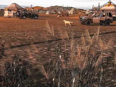 Desert Landscape With Tents Off Road Vehicles Dog And Distant Mountains 3d model