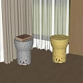 Silver and Golden Leaf Patterned Stools in Modern Interior with Wooden Floor and Curtains 3d model