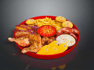 Grilled Chicken Platter With Fries Corn Sausages And Sauces On Red Plate 3d model