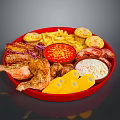 Grilled Chicken Platter With Fries Corn Sausages And Sauces On Red Plate